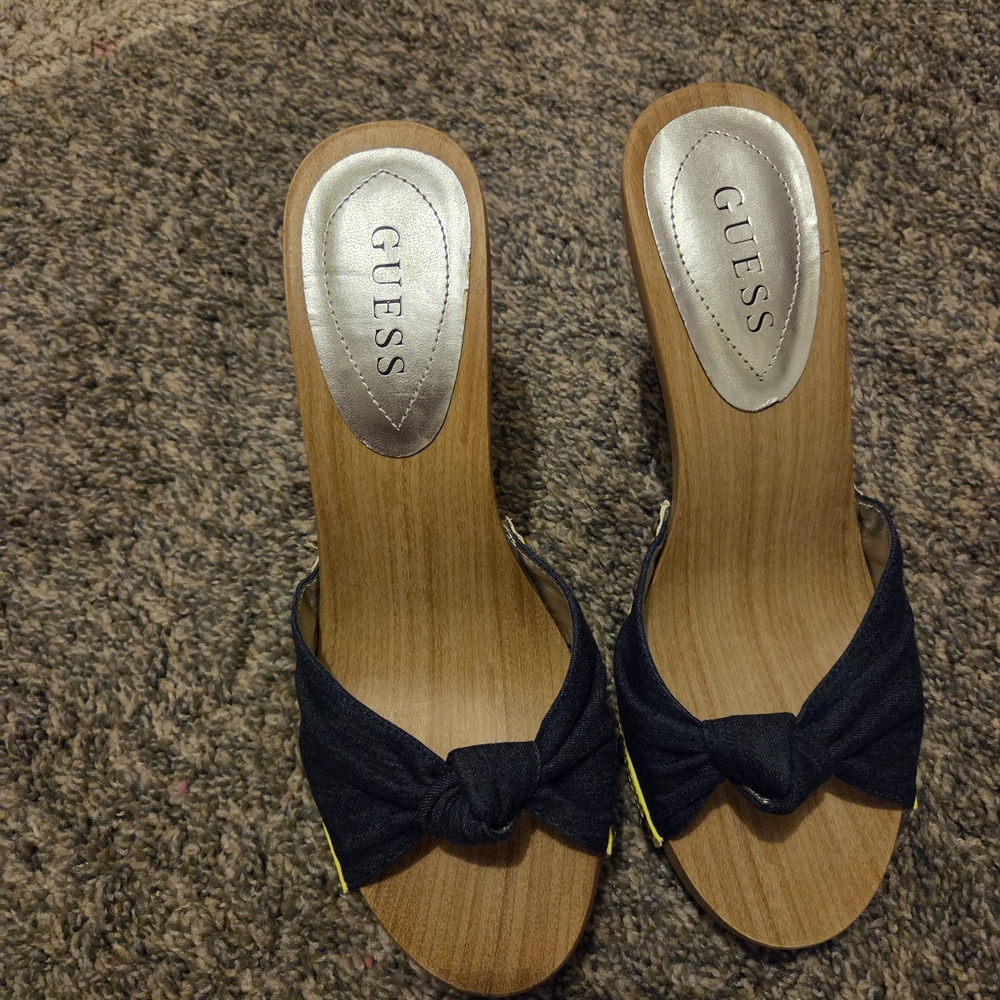 Vintage Guess Navy and Wood Mules